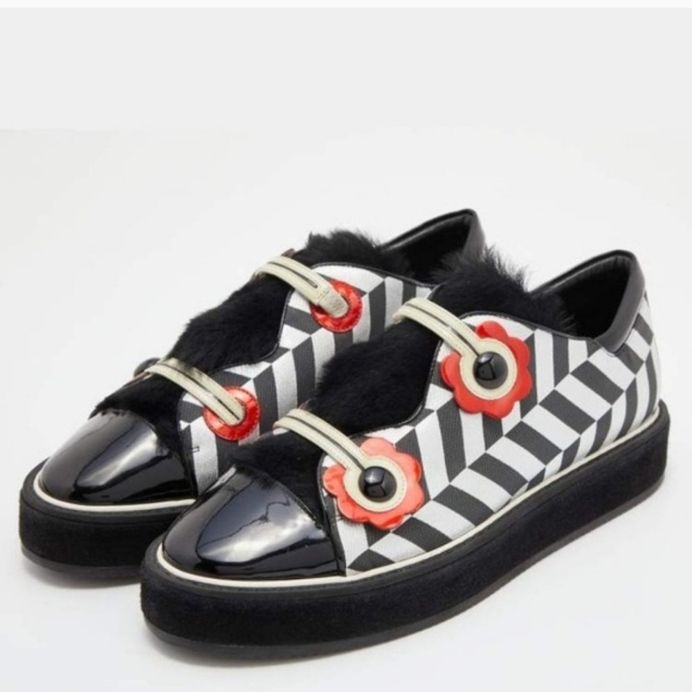 Nicholas Kirkwood Multicolor Patent Leather, Fur and Fabric Sneakers Size 38.5